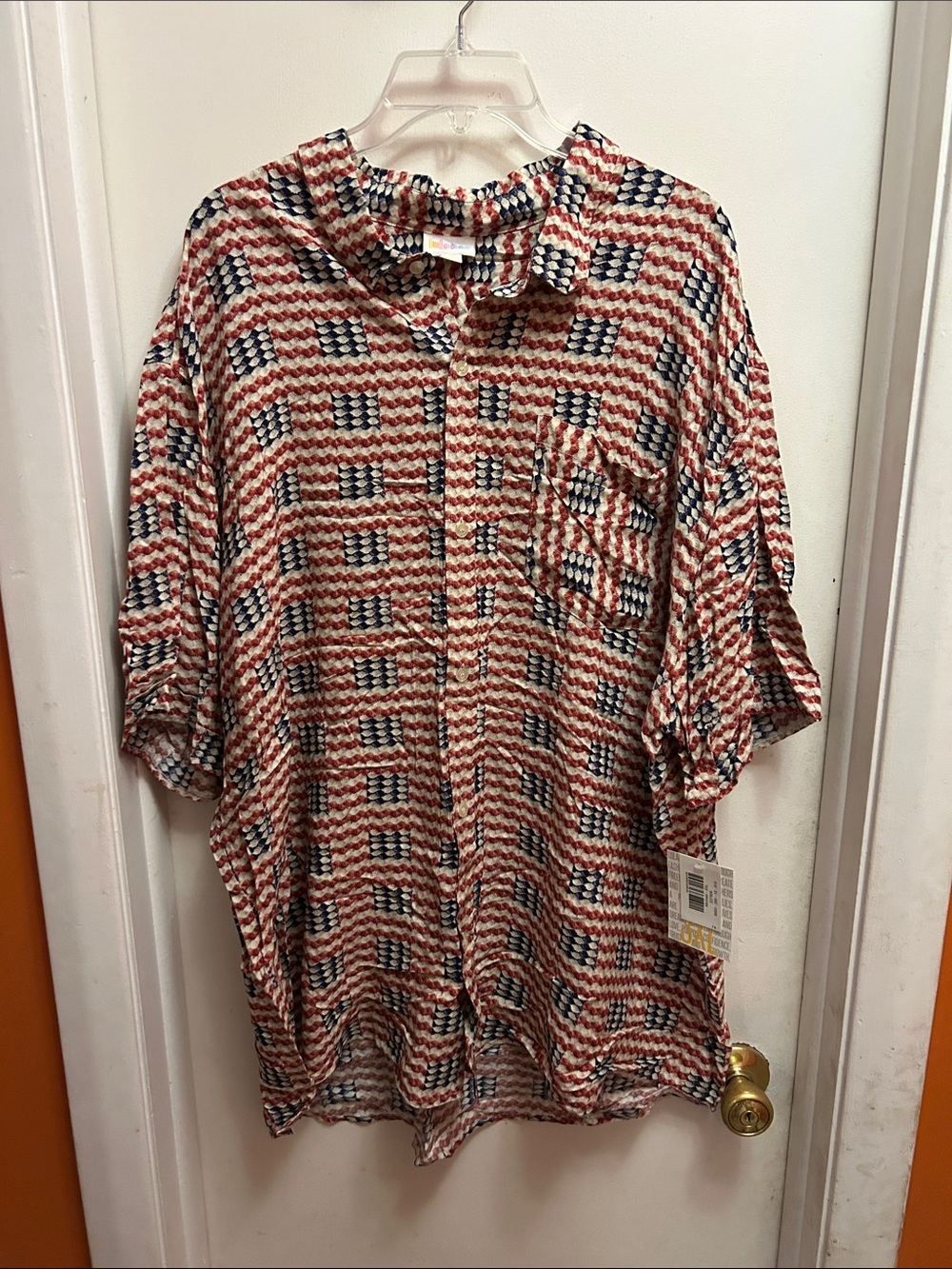 LuLaRoe Red, Navy & Cream Short-Sleeve Button-Down Shirt